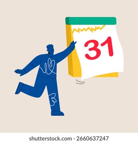 Fim do mês. Homem rasga folha de calendário. Ilustração vetorial colorida