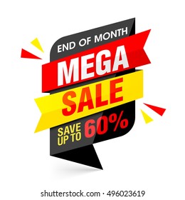 End of month mega sale banner. Big sale, special offer, save up to 60% off. Vector illustration.