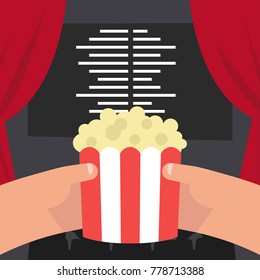 The end of the movie. Cinema conceptual illustration. Hands holding a striped popcorn box. Editable vector, clip art