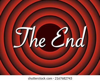 End movie. End film. Cinema background. Retro hollywood poster. Old screen of show. Vintage studio, theater and picture. Red circles of background for entertainment. Vector.