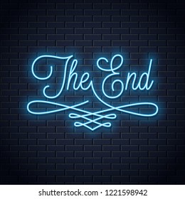 The end neon sign. Vintage movie ending neon frame on black background