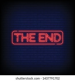 The End Neon Text Vector with a Brick wall background design template  modern trend design  night neon signboard  night bright advertising. Vector