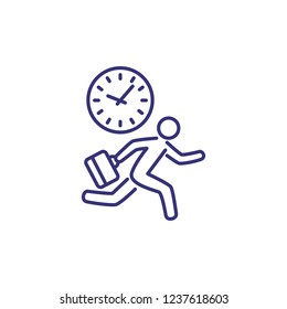 End of office day line icon. Clock and running man with suitcase. Time concept. Can be used for topics like schedule, business, deadline