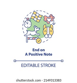 End on positive note concept icon. Obedience training for puppy abstract idea thin line illustration. Maximize dog success. Isolated outline drawing. Editable stroke. Arial, Myriad Pro-Bold fonts used