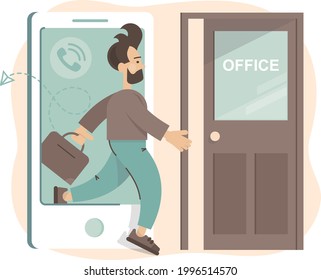 End Online. Return To The Office. Man Gets Off The Phone And Enters The Office. Сoncept.