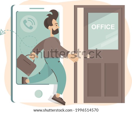 End online. Return to the office. Man gets off the phone and enters the office. Сoncept.