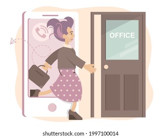 End Online. Return To The Office. Woman Gets Off The Phone And Enters The Office. Сoncept.