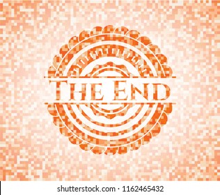 The End orange tile background illustration. Square geometric mosaic seamless pattern with emblem inside.