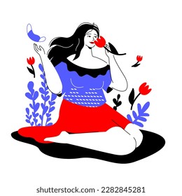 End of the pandemic - colorful flat design style illustration with linear elements. Red and blue colored composition with girl who throws out a protective mask and smells a flower. Health care idea