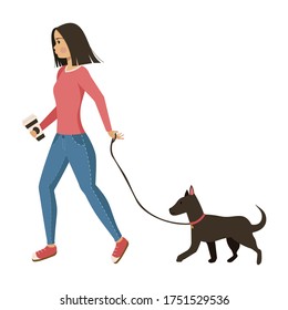 End of pandemic and quarantine. Girl walking with her dog. Girl with dog alone on the street after pandemic and quarantine. Flat vector illustration isolated on white background.