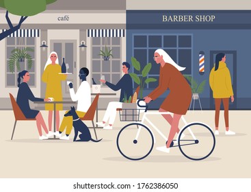 The end of pandemic, restaurants and barber shops reopening, back to normal, people walking, biking and sitting at the cafe, millennial lifestyle