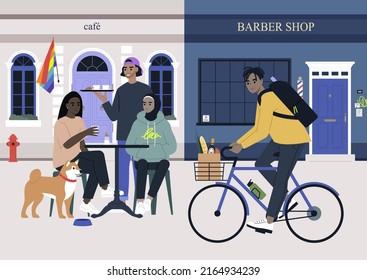The end of pandemic, restaurants and barber shops reopening, back to normal, people walking, biking and sitting at the cafe, millennial lifestyle