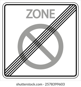 End of parking zone road sign with black diagonal stripes crossing a grey no parking symbol and the word zone above.