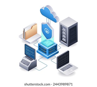 End point data security cloud server technology concept, flat isometric 3d illustration