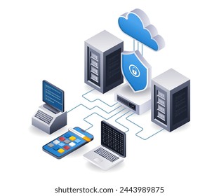 End point data security cloud server application technology concept, flat isometric 3d illustration