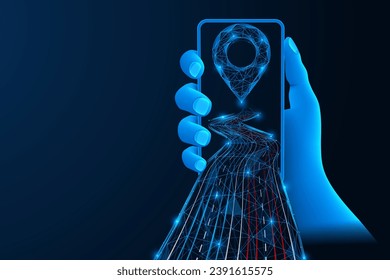 End point is at the end of the highway. The hand holds a smartphone with a navigator. Polygonal design. Blue background.