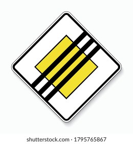 El final de la señal Prioritaria de tráfico por carretera. Signo de carretera alemán: fin del respeto al derecho de paso. ¡Rentabilidad! en la carretera principal de fondo blanco. Ilustración vectorial. Archivo vectorial Eps 10.