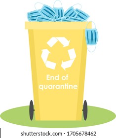 End of quarantine concept. Medical masks in a trash bin.
