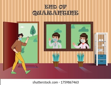 End of Quarantine- Covid-19 Coronavirus Vector Art Quarantine is over pandemic is over Lockdown end coronavirus is finish Pandemic Over isometric concept Vector stock cartoon illustration.