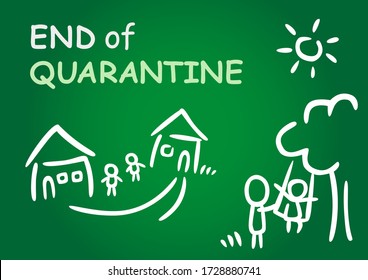 Fin de la quarantaine avec la maison de famille heureuse dans le style dessin animé. Les enfants se réjouissent de la fin de la quarantaine. Illustration de craie vectorielle sur tableau de bord vert, concepts de victoire sur le coronavirus