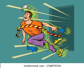The end of quarantine. The man removes the medical mask. Pop art retro vector illustration kitsch vintage 50s 60s style