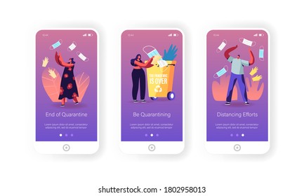 End Quarantine Mobile App Page Onboard Screen Template. Joyful and Happiness Feeling Emotions, Joy for People Characters Throw Out Masks, Covid-19 Lockdown Finish Concept. Cartoon Vector Illustration