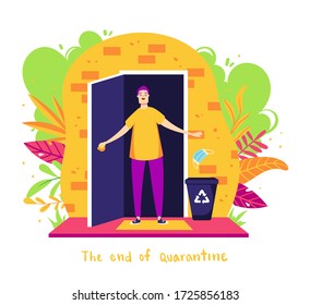 End of quarantine. Pademic is over. Joyful man goes out from home, takes off and throws away mask. Flat cartoon style.