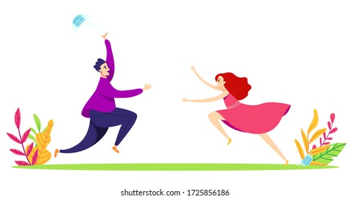 End of quarantine. Pademic is over. Joyful man and woman throw away mask and run to each other. Couple meet after self-isolation. Flat cartoon style