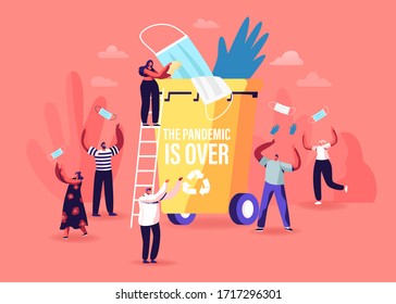 End Quarantine, Pandemic of Coronavirus Covid-19 Lockdown and Stay Home Time Concept. Joyful and Happiness Feeling Emotions, Joy for People Characters Throw Out Masks. Cartoon Vector Illustration