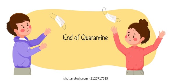 End of Quarantine vector background concept. Coronavirus is finish. Lockdown end illustration. Coronavirus quarantine over isolated backdrop. Boy and Girl together throwing medical masks away.
