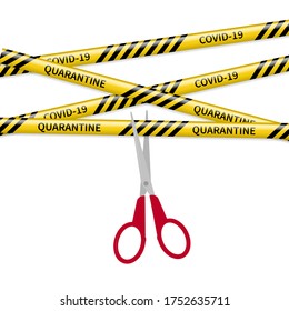 The End of Quarantine vector illustration. Scissors cut yellow caution tape.  Finish of pandemic coronavirus COVID-19, lockdown and removal of restrictions. Vector template for poster, banner, etc.