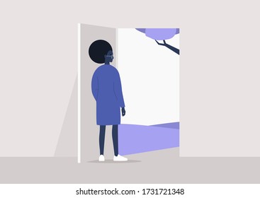 End of the quarantine, young black female character going outside, lifestyle illustration