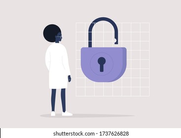 End of the quarantine, young black female character standing next to an open lock, lifestyle illustration
