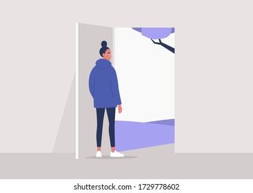 End of the quarantine, young female character going outside, lifestyle illustration