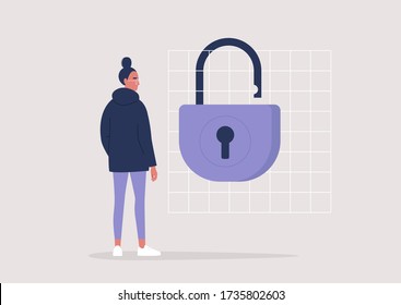 End of the quarantine, young female character standing next to an open lock, lifestyle illustration