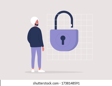 End of the quarantine, young indian male character standing next to an open lock, lifestyle illustration