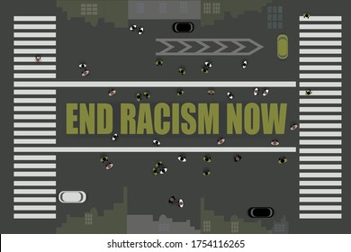 END RACISM NOW printed in large letters, painted  by community on different streets of the USA, top view. BLM, Black lives matter, people against racism, protest  posters about Human Right 