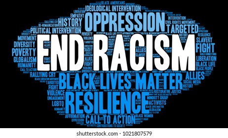 End Racism word cloud on a black background. 