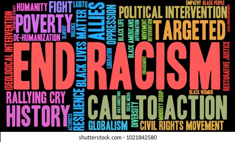 End Racism word cloud on a black background. 