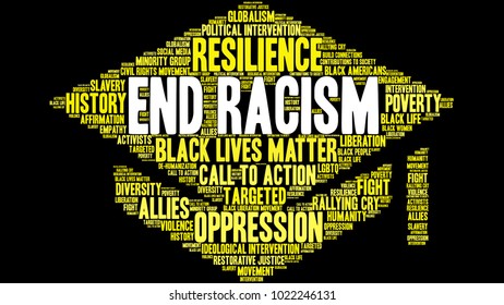 End Racism word cloud on a black background. 