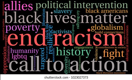 End Racism word cloud on a black background. 