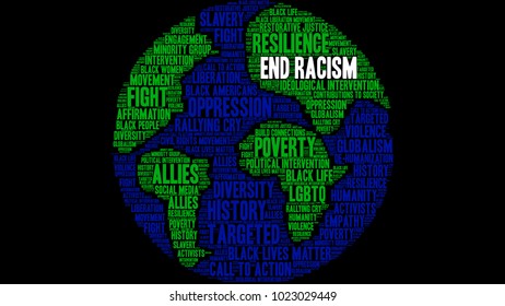 End Racism word cloud on a black background. 