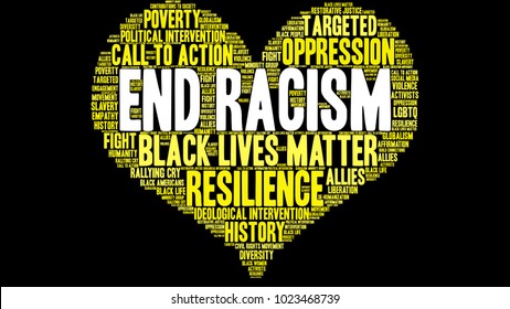 End Racism word cloud on a black background. 