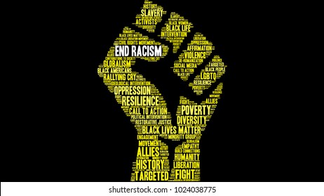 End Racism word cloud on a black background. 