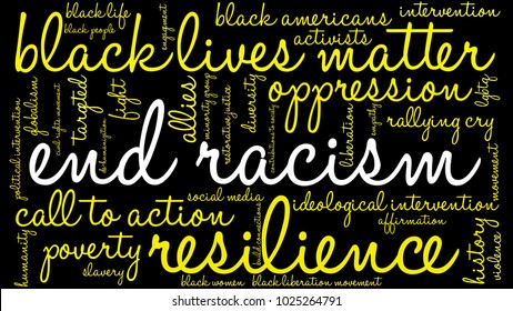 End Racism word cloud on a black background. 