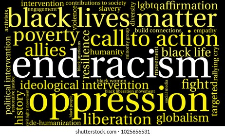 End Racism word cloud on a black background. 