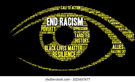 End Racism word cloud on a black background. 