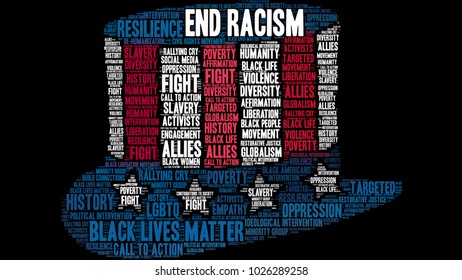 End Racism word cloud on a black background. 