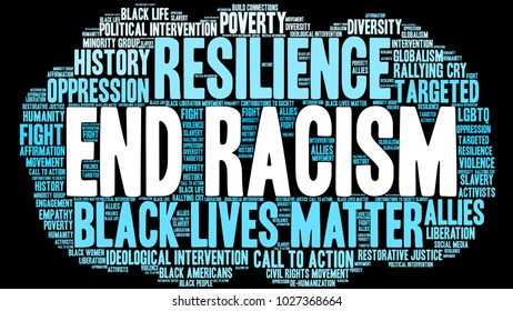 End Racism word cloud on a black background. 