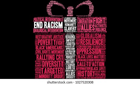 End Racism word cloud on a black background. 